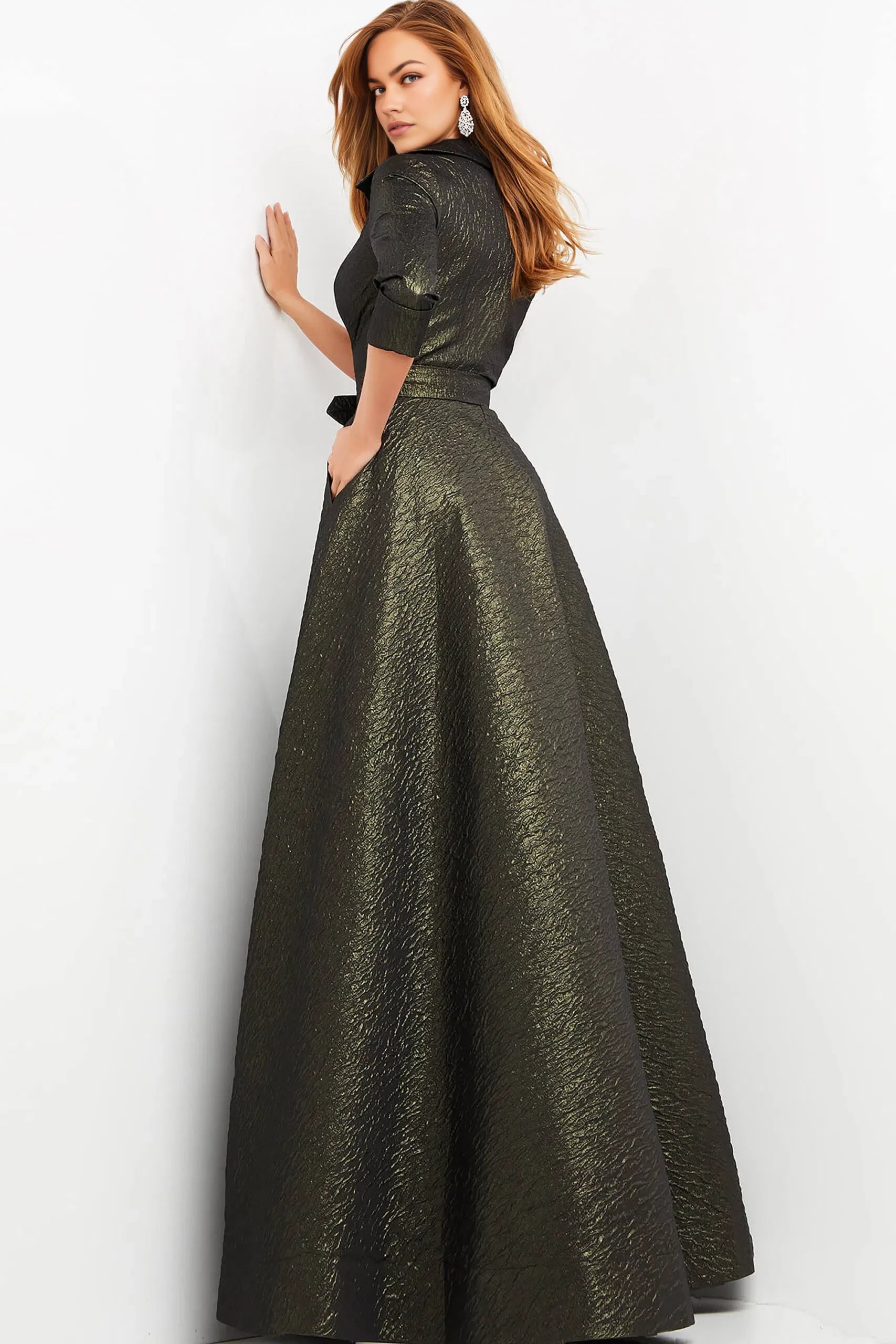Glamorous A-Line Shirt-Collar 3/4-Sleeve Belted-Pockets Long Length Evening Dresses