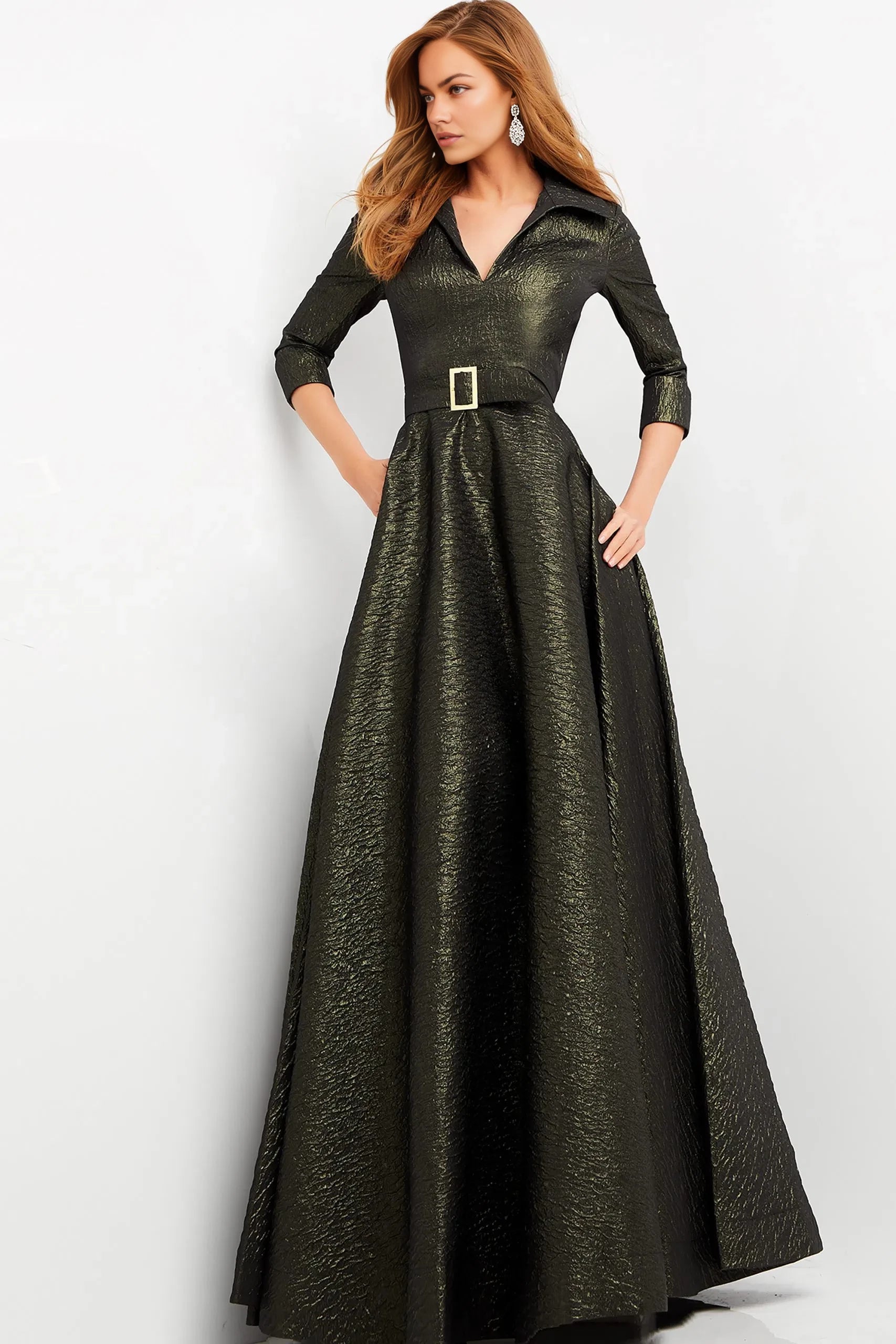 Glamorous A-Line Shirt-Collar 3/4-Sleeve Belted-Pockets Long Length Evening Dresses