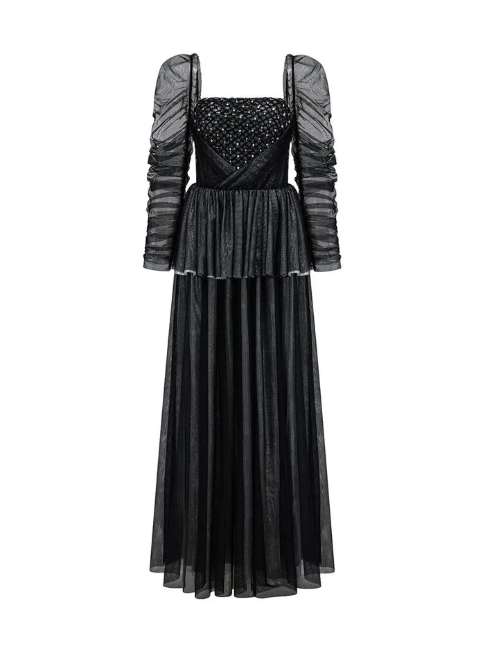 Glamorous A - Line Square Neck Long Sleeve Zipper Back Floor Length Prom Dresses