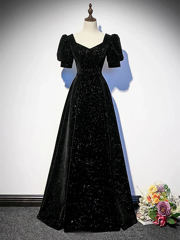 Glamorous A-Line Square-Neck Puff-Sleeve Glitter-Velvet Lace-Up Back Floor-Length Evening Dresses