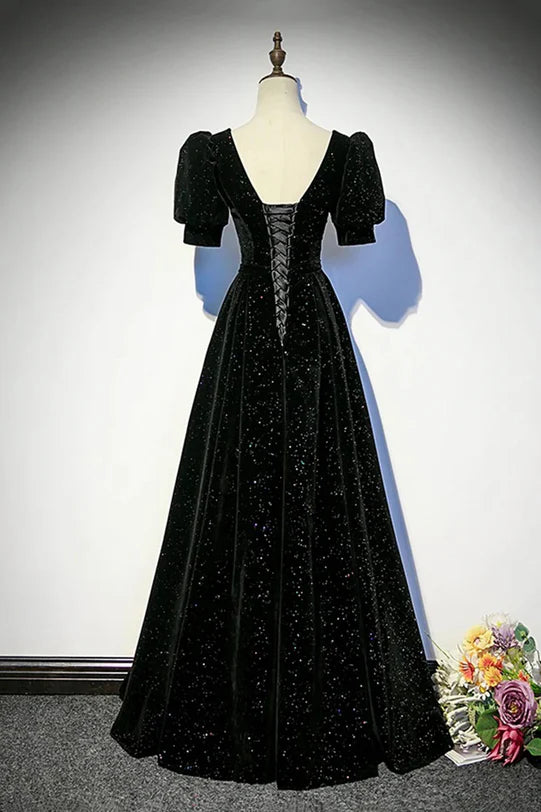 Glamorous A-Line Square-Neck Puff-Sleeve Glitter-Velvet Lace-Up Back Floor-Length Evening Dresses