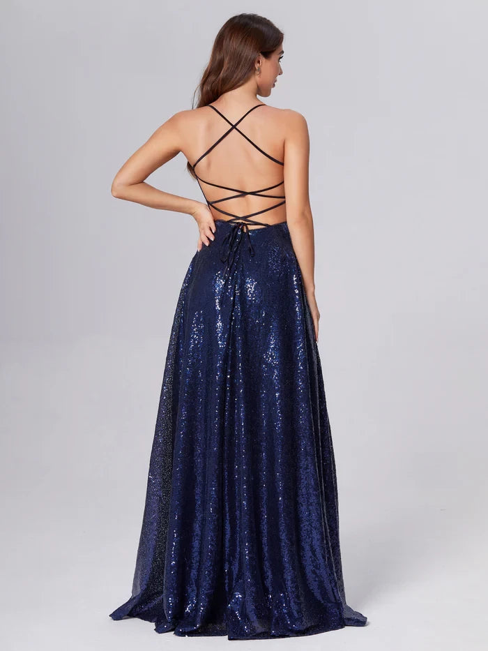 Glamorous A - Line Square Neck Spaghetti Strap Criss - Cross Back Long Length Prom Dresses