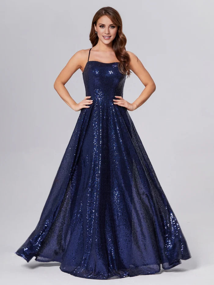 Glamorous A - Line Square Neck Spaghetti Strap Criss - Cross Back Long Length Prom Dresses