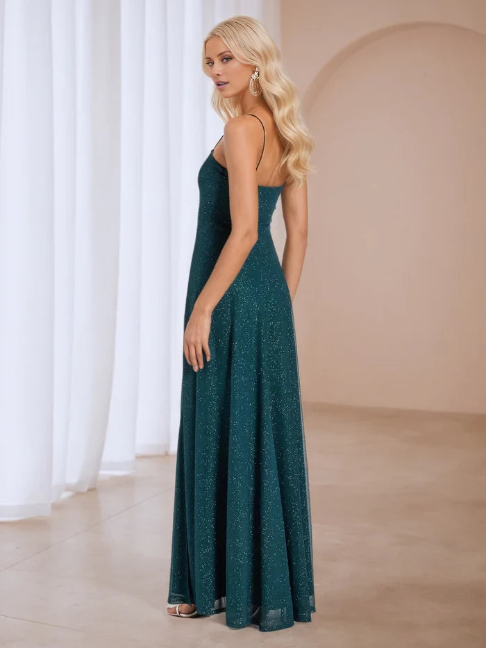 Glamorous A - Line Square Neck Spaghetti Strap Open Back Long Length Prom Dresses