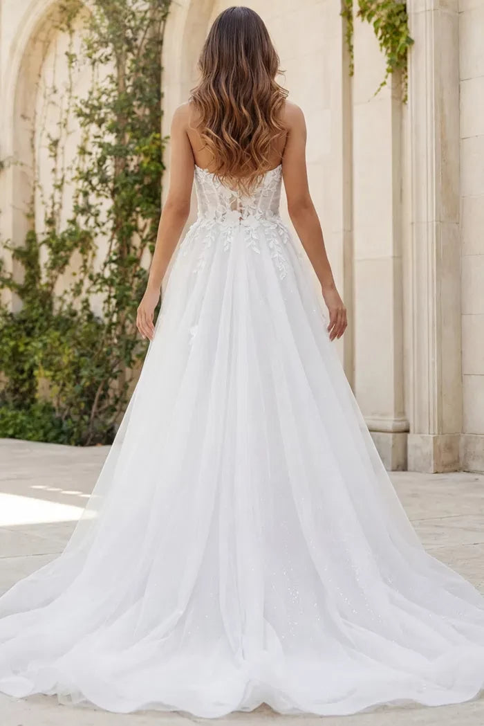 Glamorous A-Line Strapless 3D-Floral-Lace High-Slit Open-Back Train Length Wedding Dresses