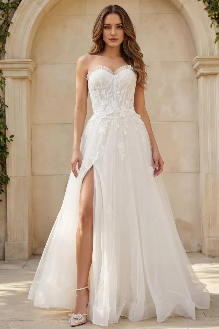 Glamorous A-Line Strapless 3D-Floral-Lace High-Slit Open-Back Train Length Wedding Dresses