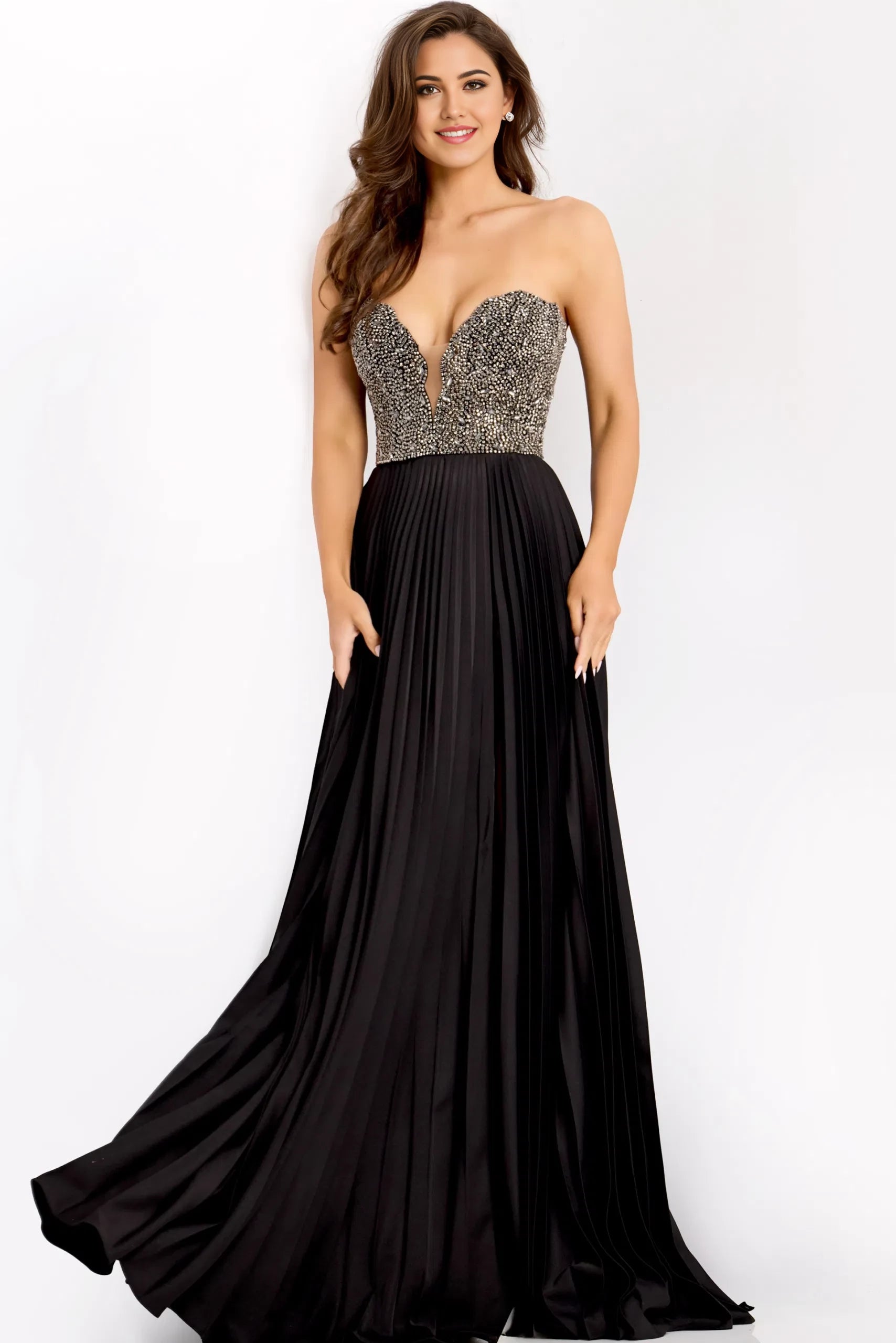 Glamorous A-Line Strapless Beaded-Bodice Pleated-Skirt Long Length Evening Dresses