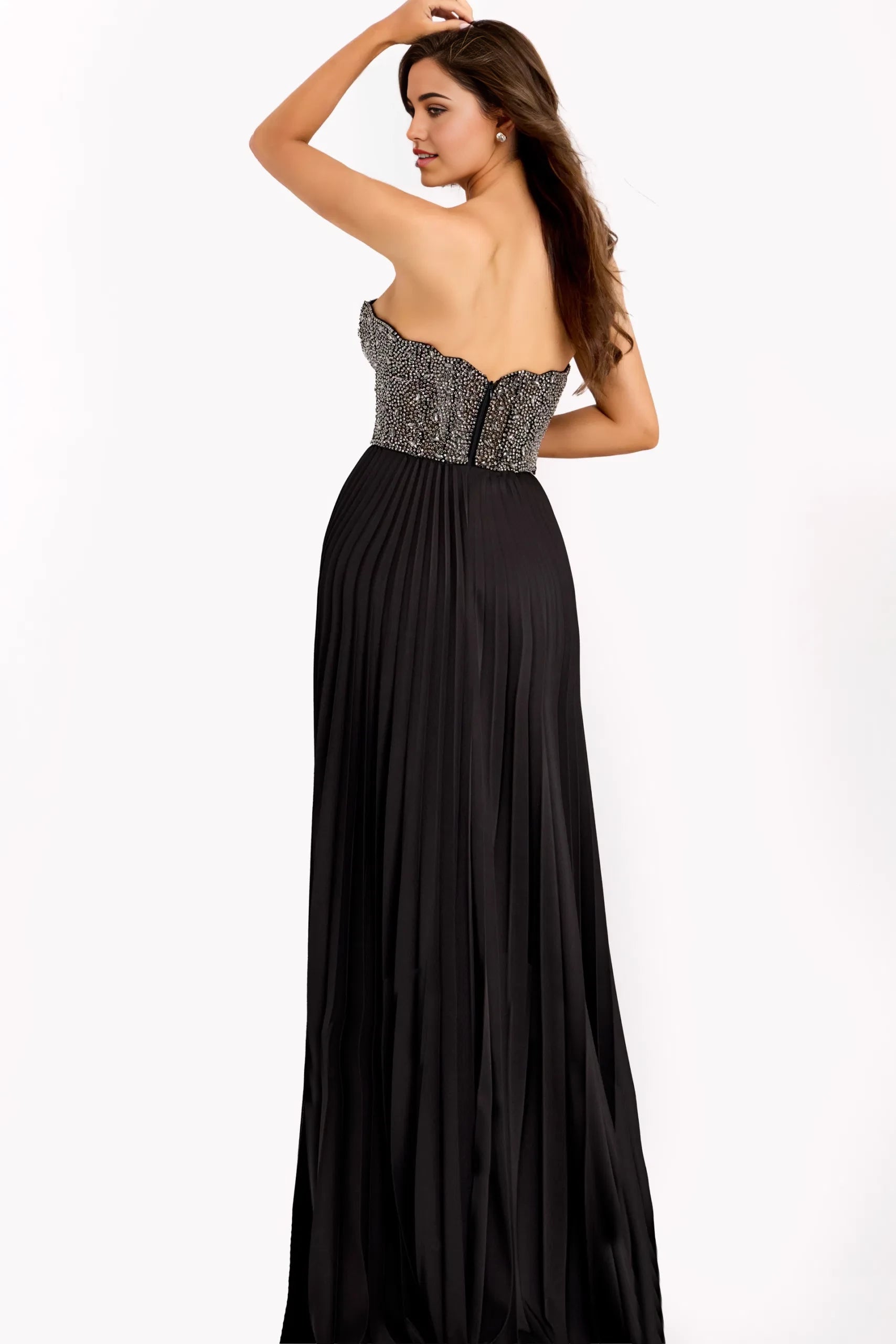 Glamorous A-Line Strapless Beaded-Bodice Pleated-Skirt Long Length Evening Dresses