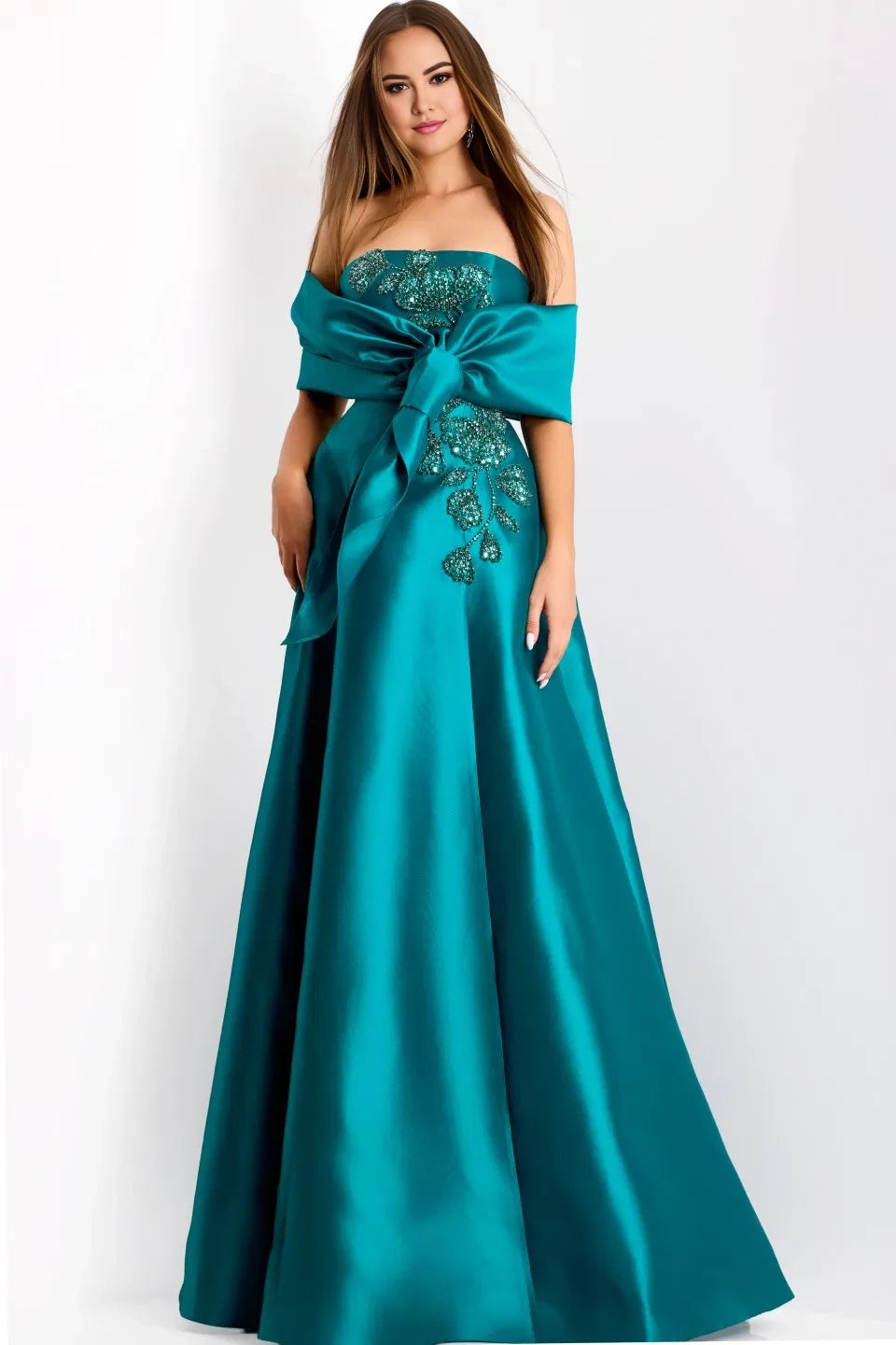Glamorous A-Line Strapless Bow-Accent Beaded-Embellished Long Length Evening Dresses
