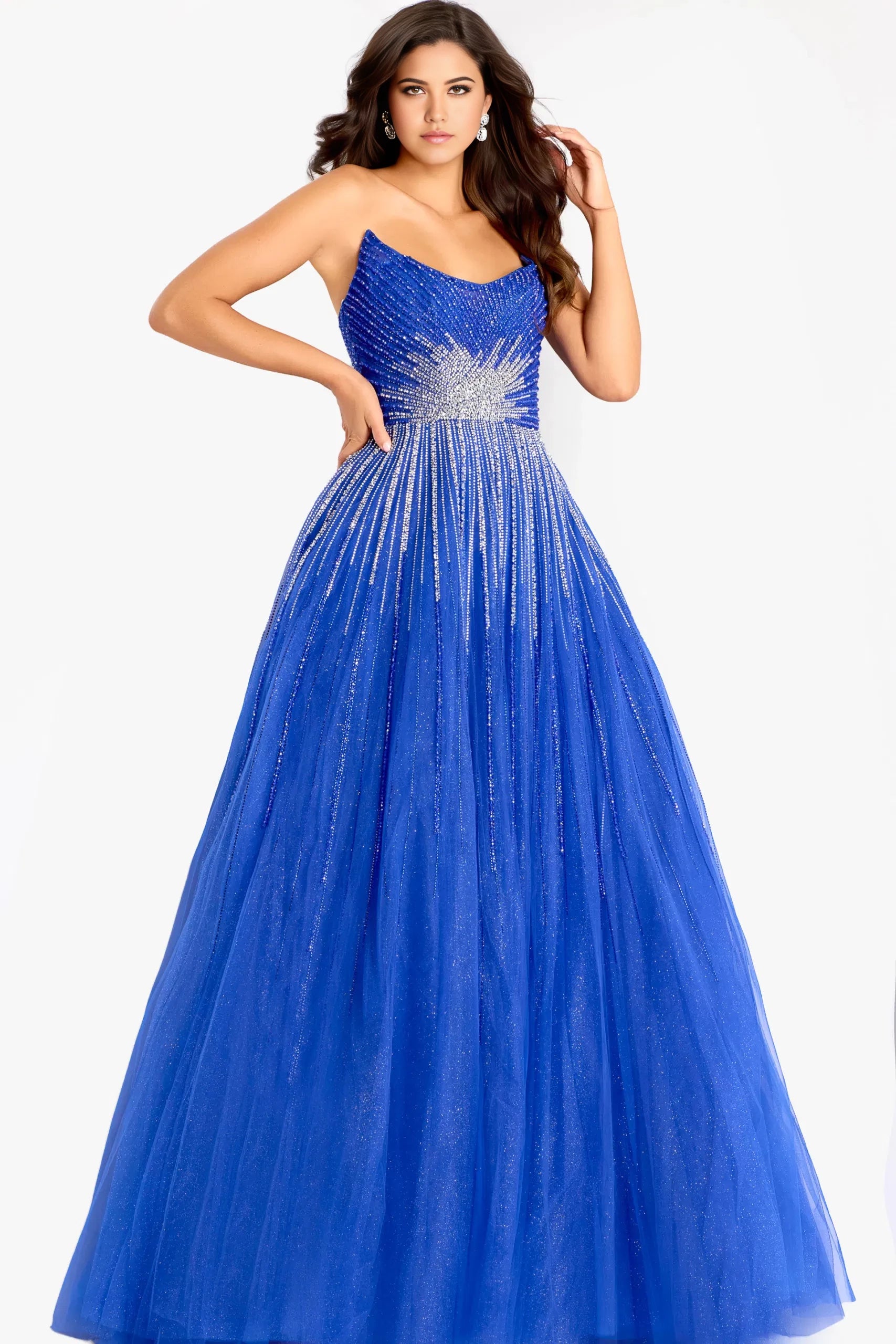 Glamorous A-Line Strapless Crystal-Embroidered Long Length Evening Dresses