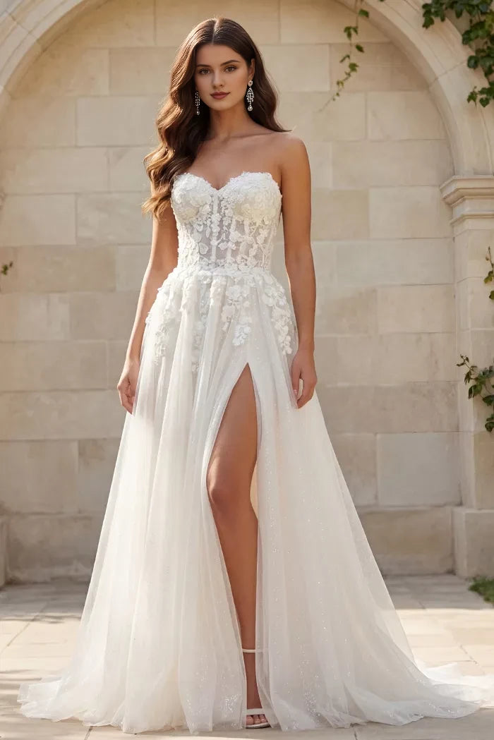 Glamorous A-Line Strapless Glitter-Tulle Floral-Lace High-Slit Pearl-Button Back Train Length Wedding Dresses