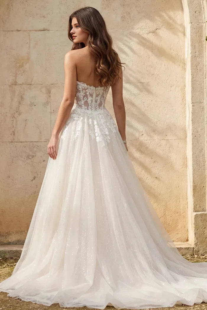Glamorous A-Line Strapless Glitter-Tulle Floral-Lace High-Slit Pearl-Button Back Train Length Wedding Dresses