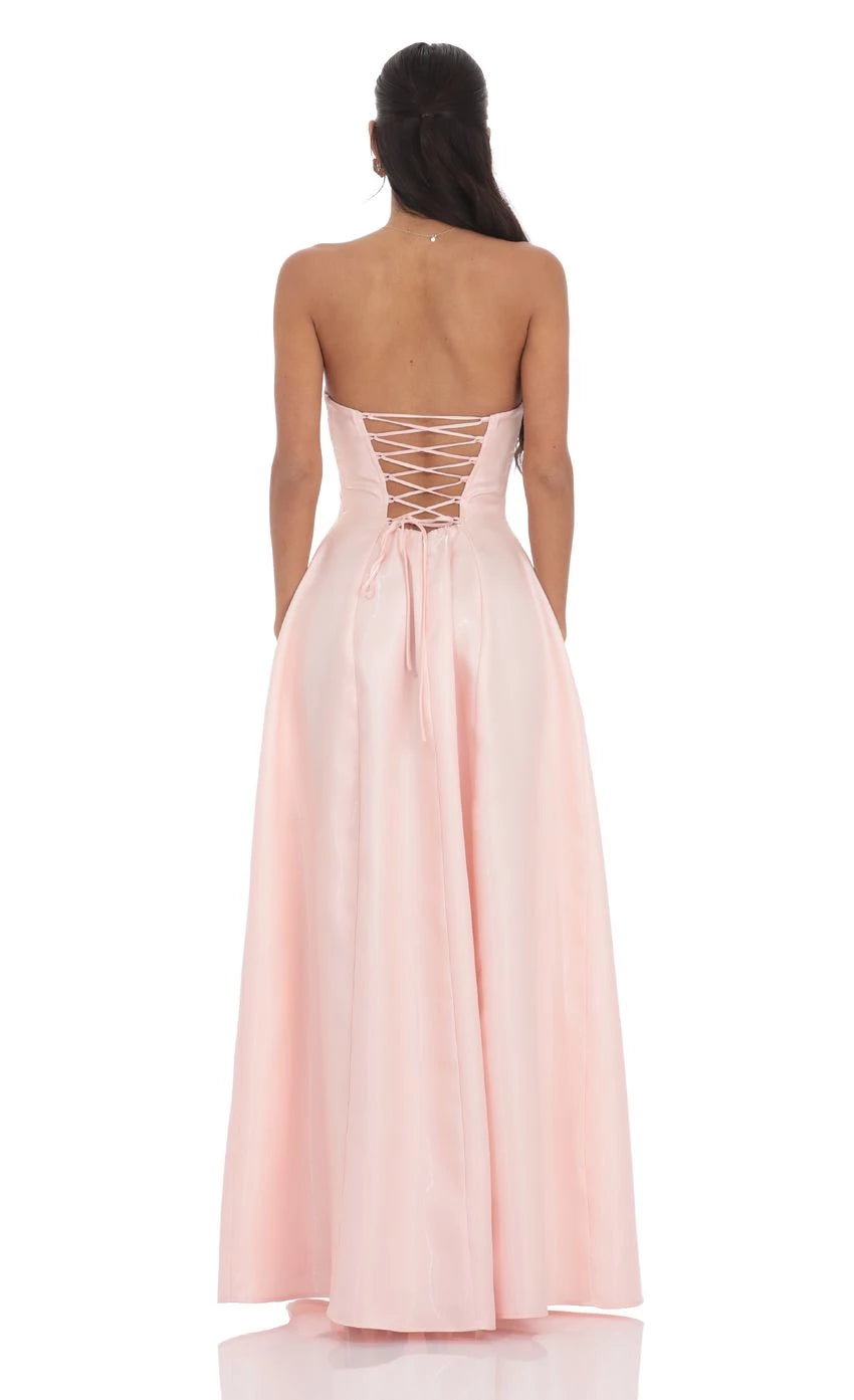 Glamorous A-Line Strapless Lace-Up Back Floor Length Prom Dresses