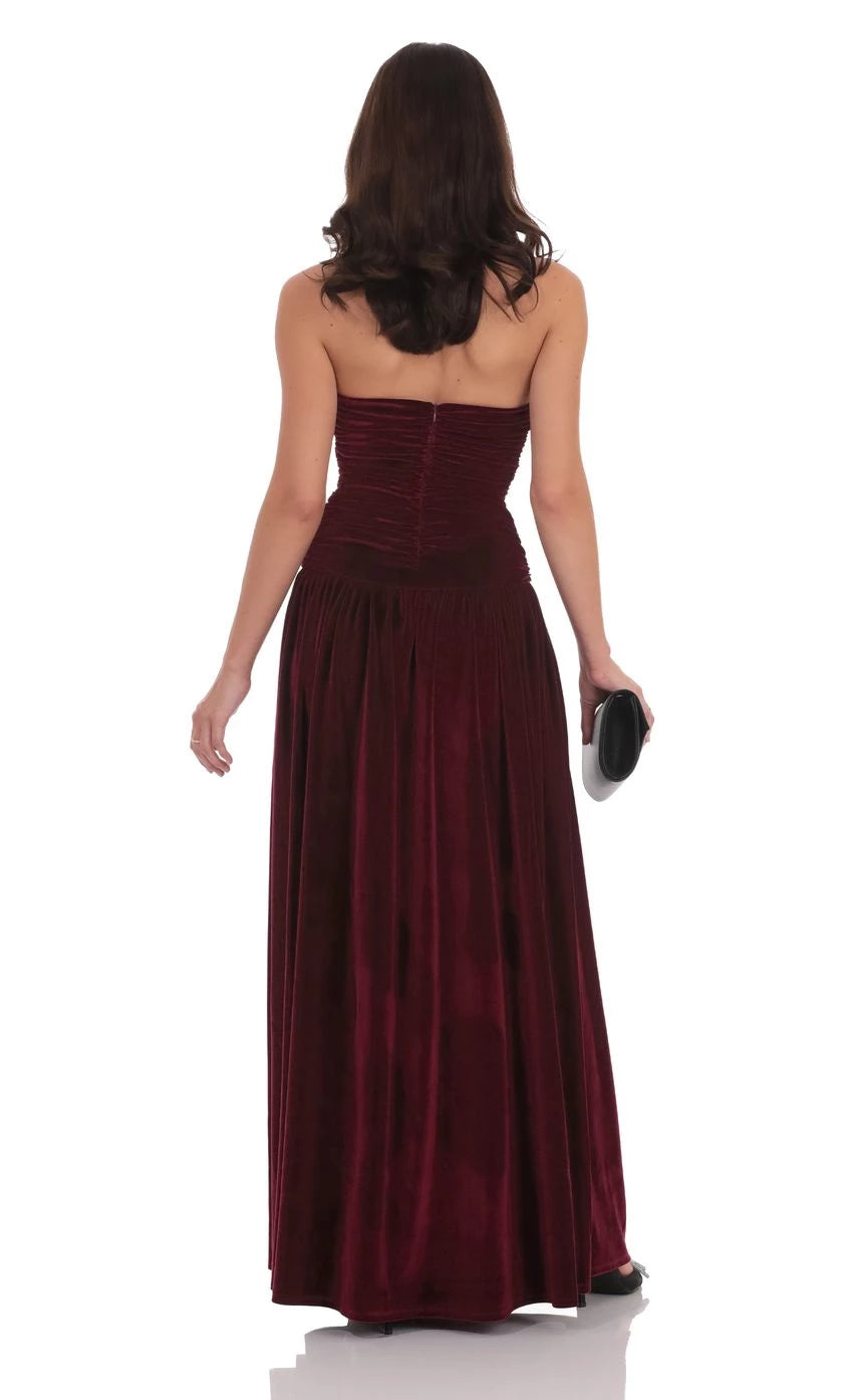 Glamorous A-Line Strapless Ruched Velvet High-Slit Floor Length Prom Dresses