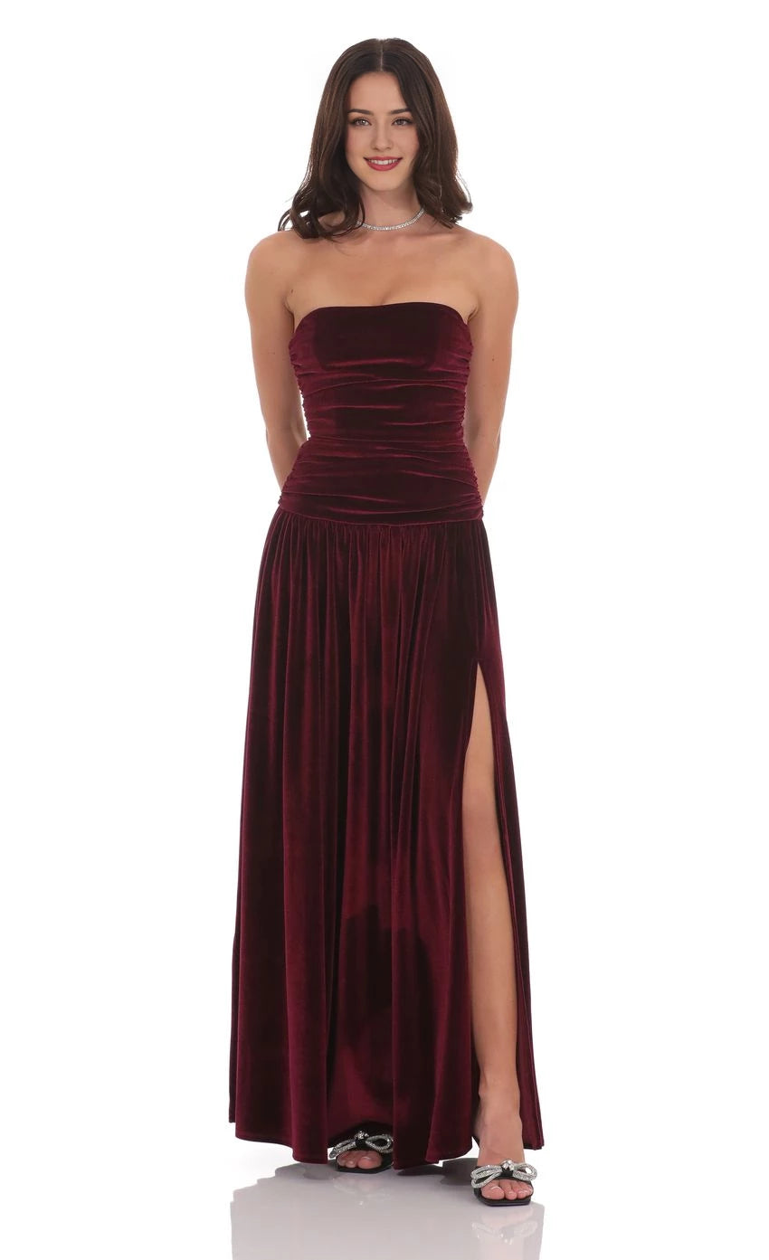 Glamorous A-Line Strapless Ruched Velvet High-Slit Floor Length Prom Dresses