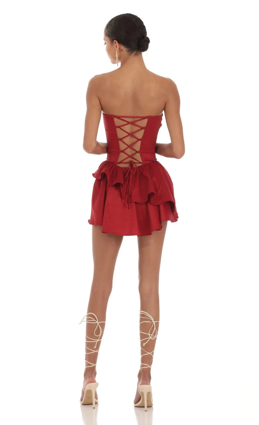 Glamorous A-Line Strapless Satin-Ruffled Lace-Up Back Short Length Homecoming Dresses
