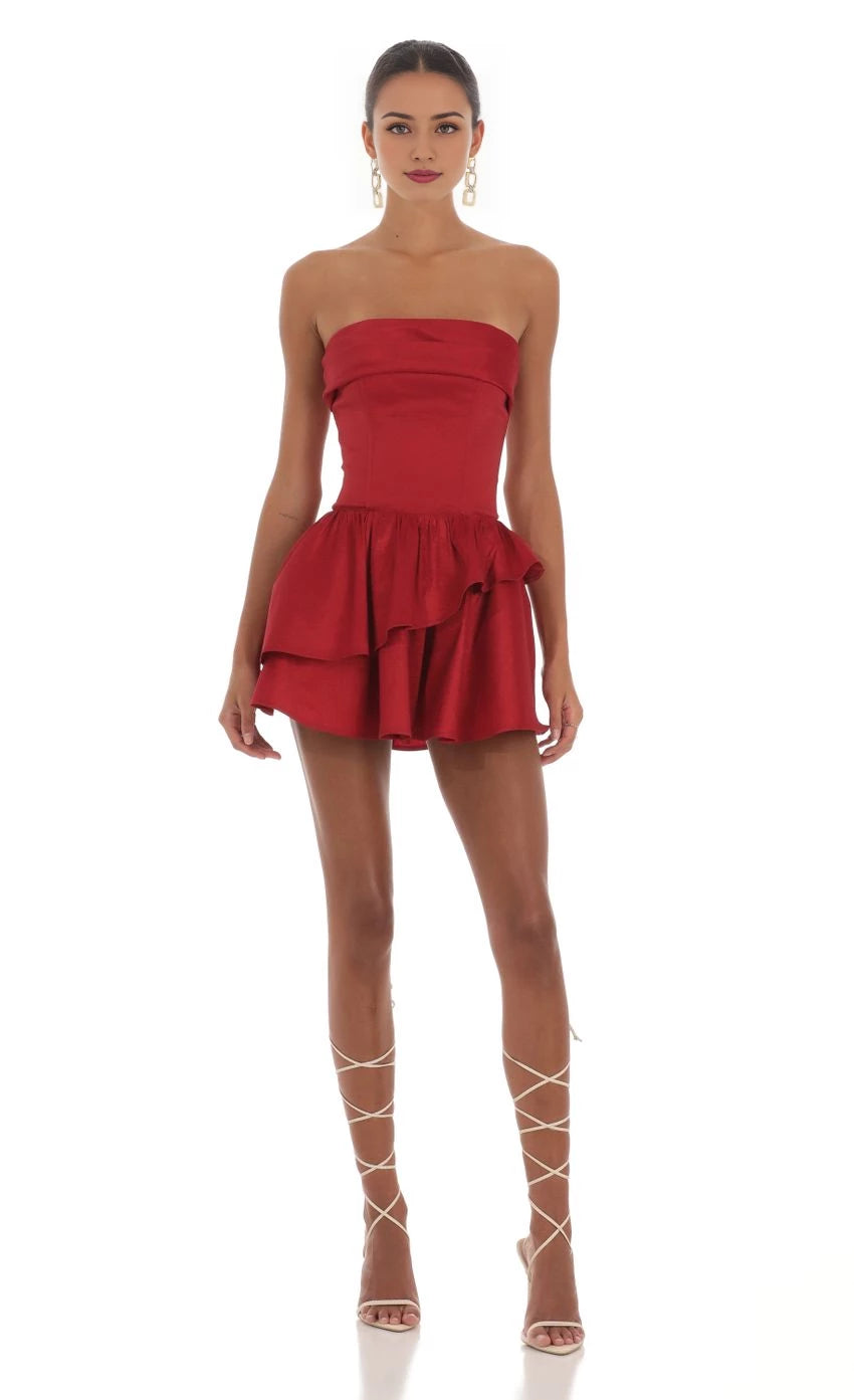 Glamorous A-Line Strapless Satin-Ruffled Lace-Up Back Short Length Homecoming Dresses