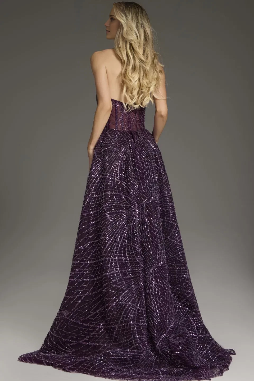 Glamorous A-Line Strapless Sequin-Accent High-Slit Open-Back Long Length Evening Dresses