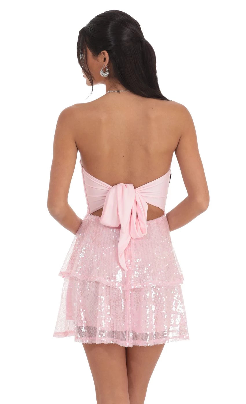Glamorous A-Line Strapless Sequin-Tiered Tie-Back Short Length Homecoming Dresses
