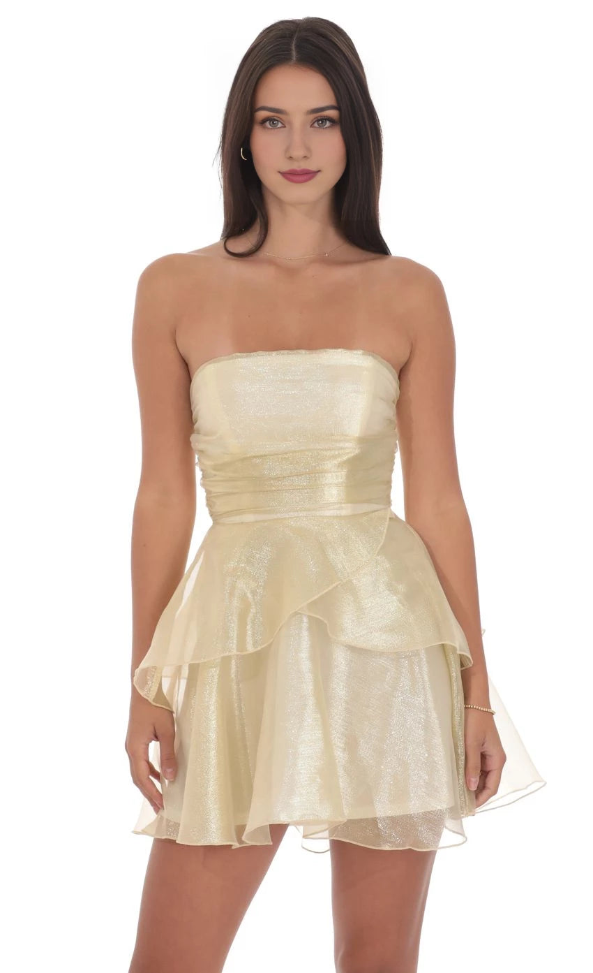 Glamorous A-Line Strapless Shimmer-Tiered Lace-Up Back Short Length Homecoming Dresses