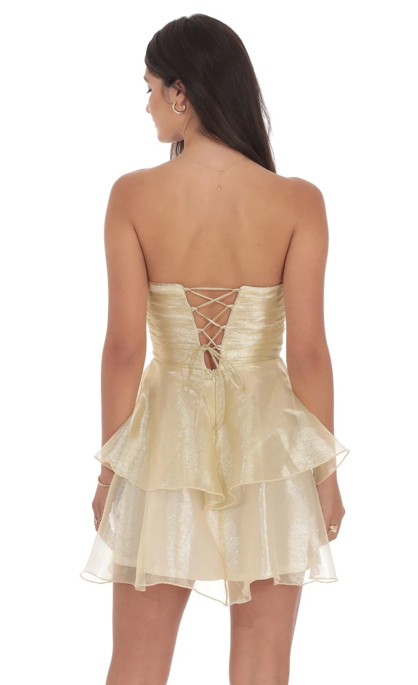 Glamorous A-Line Strapless Shimmer-Tiered Lace-Up Back Short Length Homecoming Dresses