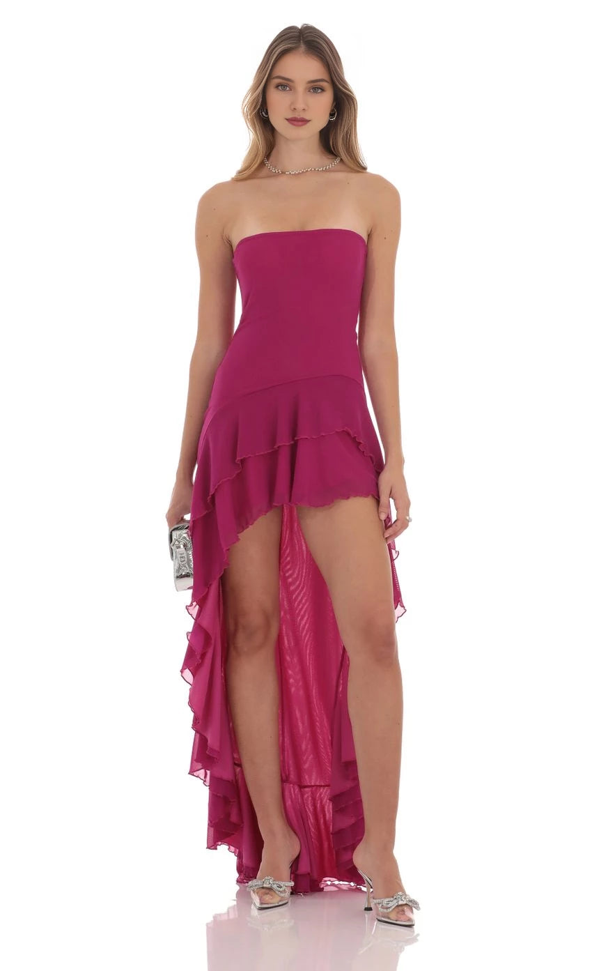 Glamorous A-Line Strapless Sleeveless Ruffled Back High-Low Prom Dresses