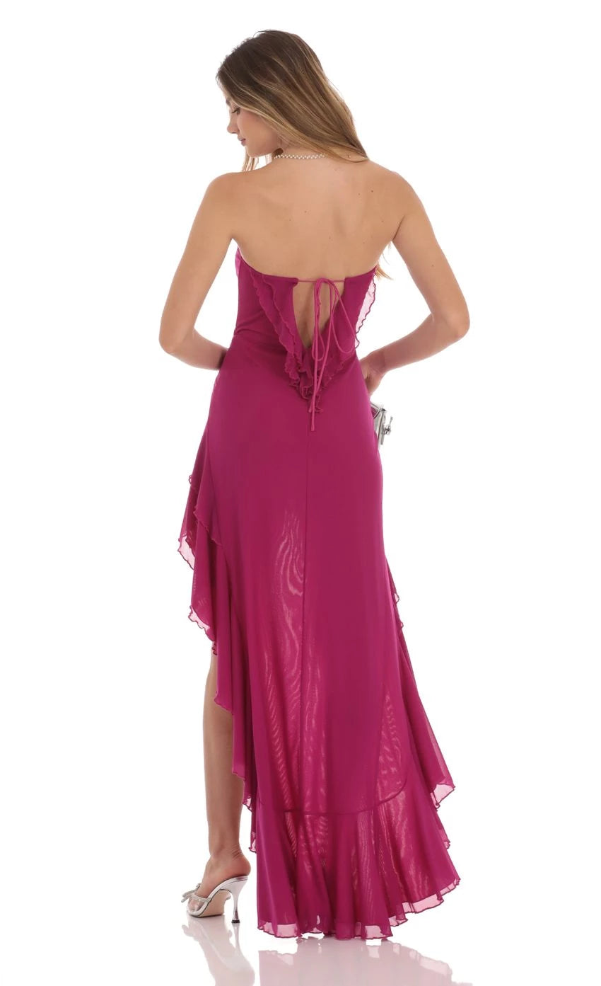 Glamorous A-Line Strapless Sleeveless Ruffled Back High-Low Prom Dresses