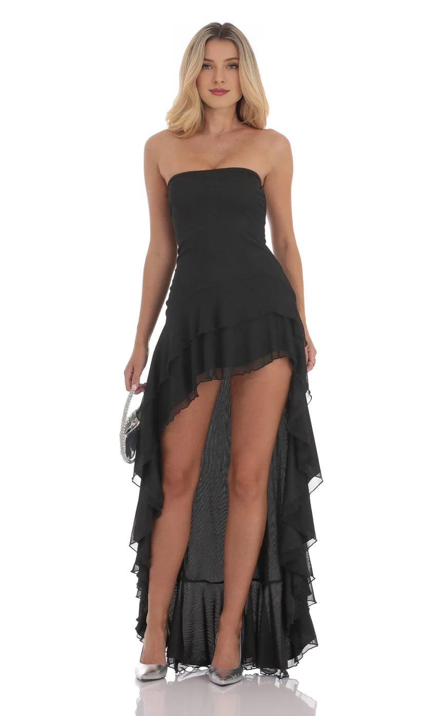 Glamorous A-Line Strapless Sleeveless Tie Back High-Low Prom Dresses