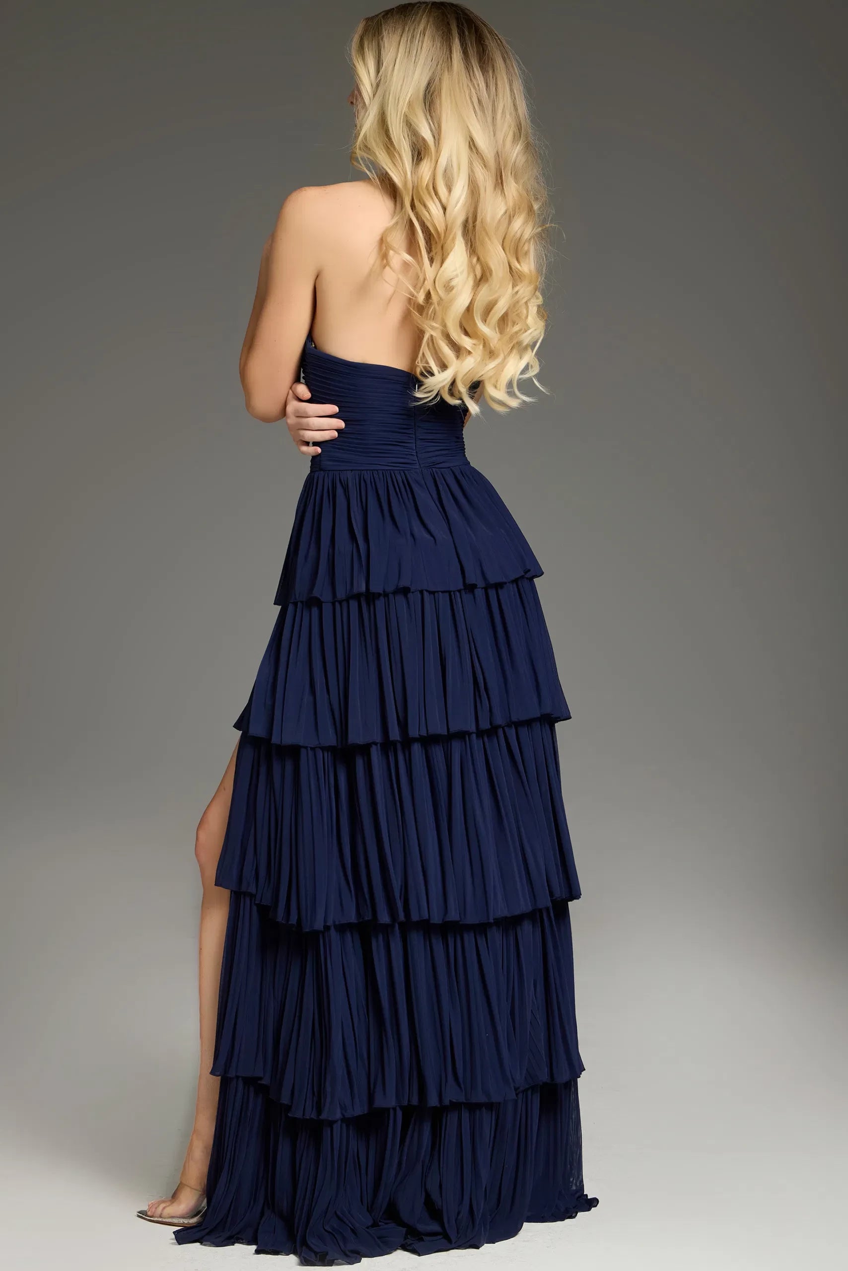Glamorous A-Line Strapless Tiered-Ruffle High-Slit Long Length Evening Dresses