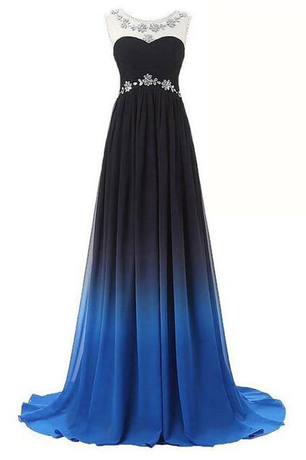 Glamorous A-Line Sweetheart Cut-Out-Back Ombre Black-to-Blue Chiffon Train-Floor-Length Bridesmaid Dresses