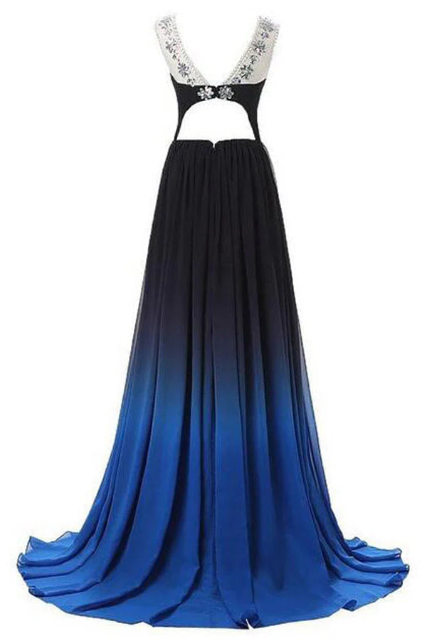 Glamorous A-Line Sweetheart Cut-Out-Back Ombre Black-to-Blue Chiffon Train-Floor-Length Bridesmaid Dresses