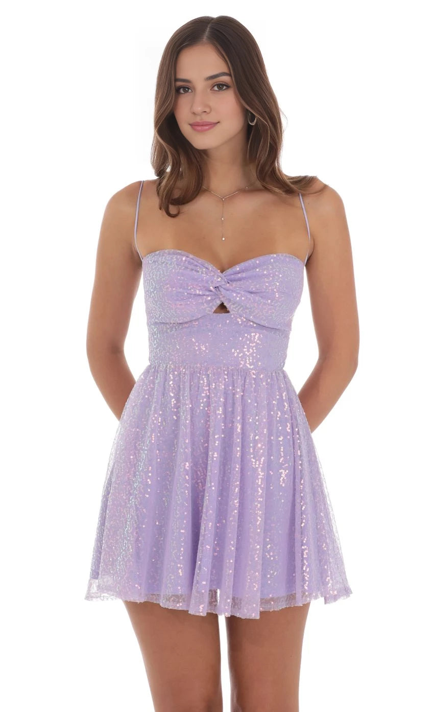 Glamorous A-Line Sweetheart-Neck Sequin-Spaghetti-Strap Bow-Back Short Length Homecoming Dresses