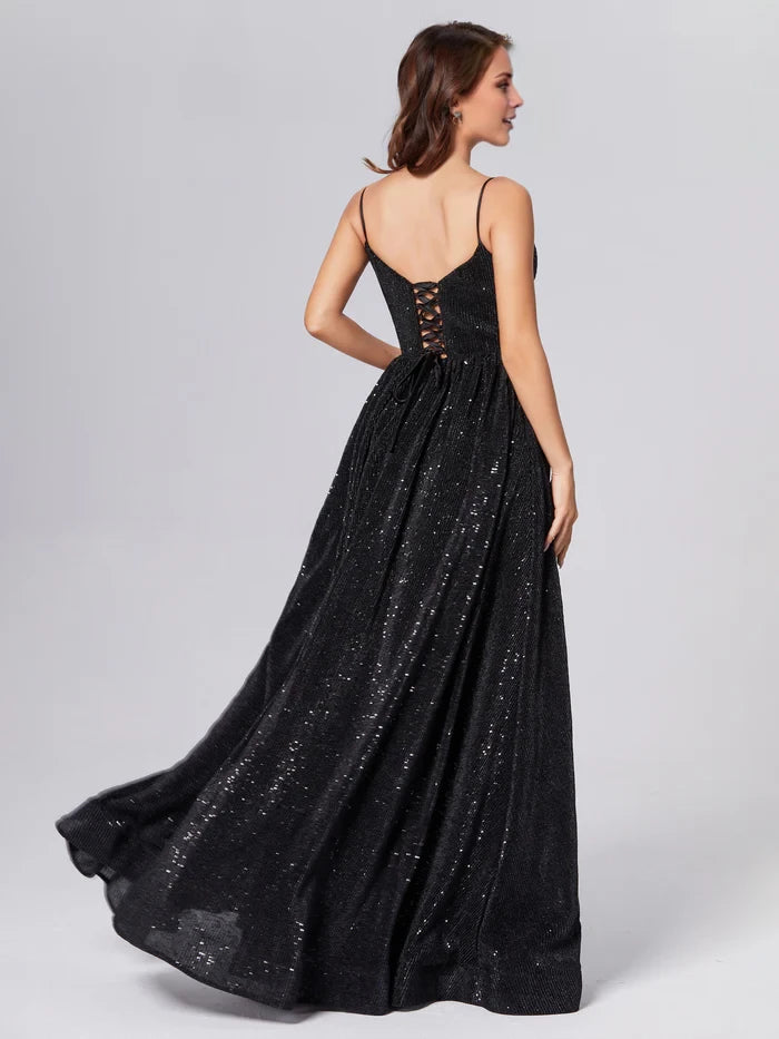 Glamorous A - Line Sweetheart Spaghetti Strap Lace - Up Back Long Length Prom Dresses