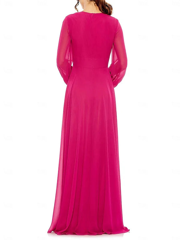 Glamorous A - Line V - Neck Bishop Sleeve Zipper Back Long Length Prom Dresses