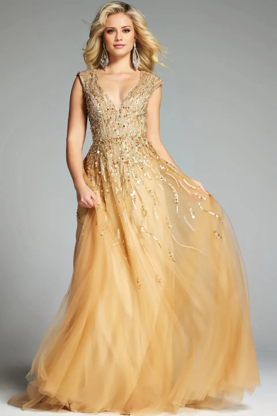 Glamorous A-Line V-Neck Cap-Sleeve Sequin-Accent Long Length Evening Dresses