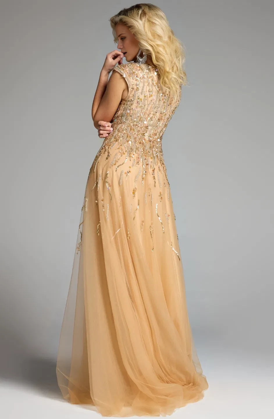 Glamorous A-Line V-Neck Cap-Sleeve Sequin-Accent Long Length Evening Dresses