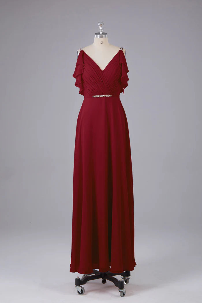 Glamorous A-Line V-Neck Ruffled-Sleeve Deep-V-Back Burgundy Chiffon Floor-Length Bridesmaid Dresses