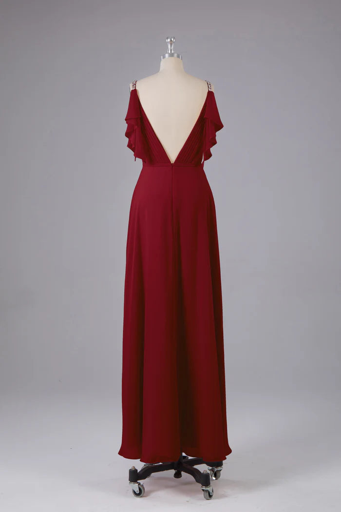 Glamorous A-Line V-Neck Ruffled-Sleeve Deep-V-Back Burgundy Chiffon Floor-Length Bridesmaid Dresses
