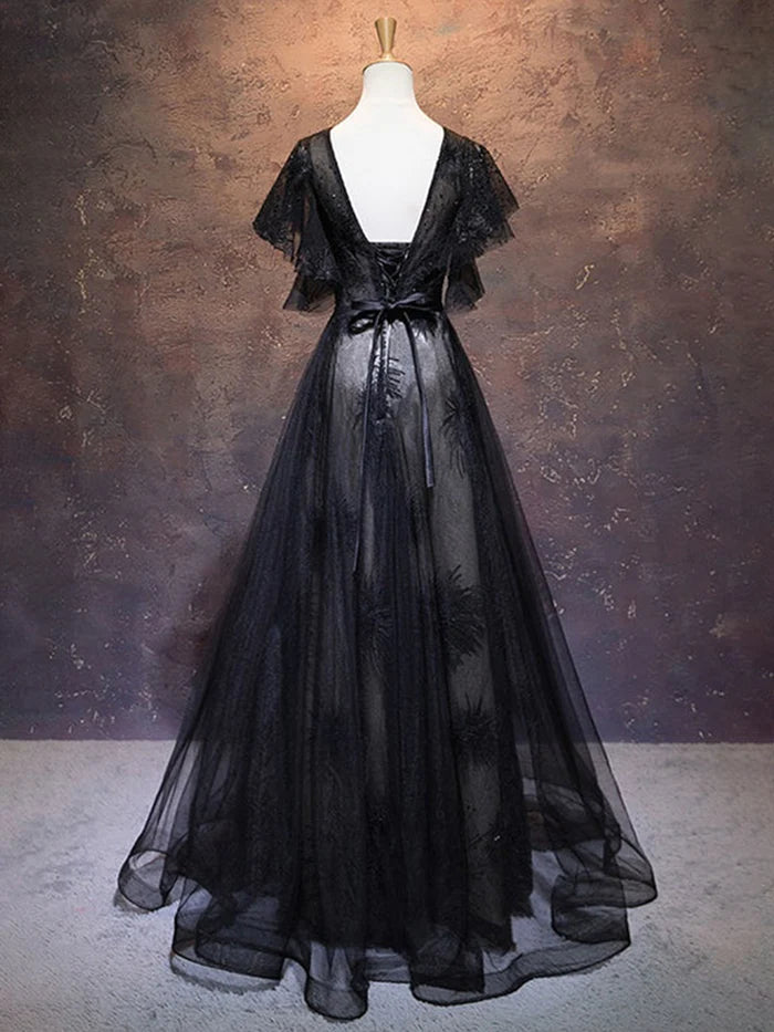 Glamorous A - Line V - Neck Ruffled Sleeve Lace - Up Back Long Length Prom Dresses