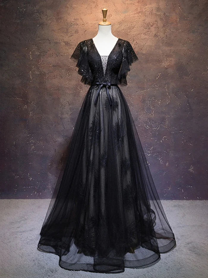 Glamorous A - Line V - Neck Ruffled Sleeve Lace - Up Back Long Length Prom Dresses