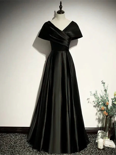 Glamorous A-Line V-Neck Satin Draped Cape Lace-Up Back Floor-Length Evening Dresses