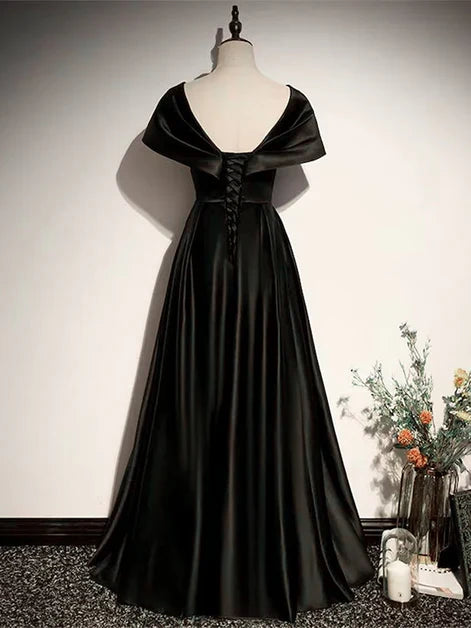 Glamorous A-Line V-Neck Satin Draped Cape Lace-Up Back Floor-Length Evening Dresses