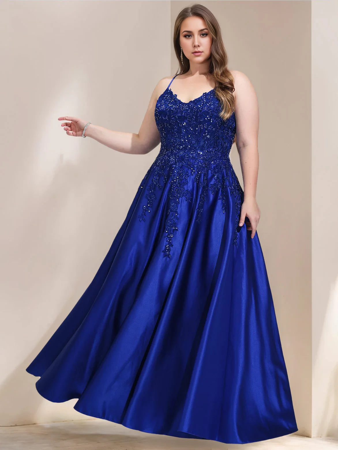 Plus Size Glamorous A - Line V - Neck Sleeveless Lace - Up Back Long Length Prom Dresses