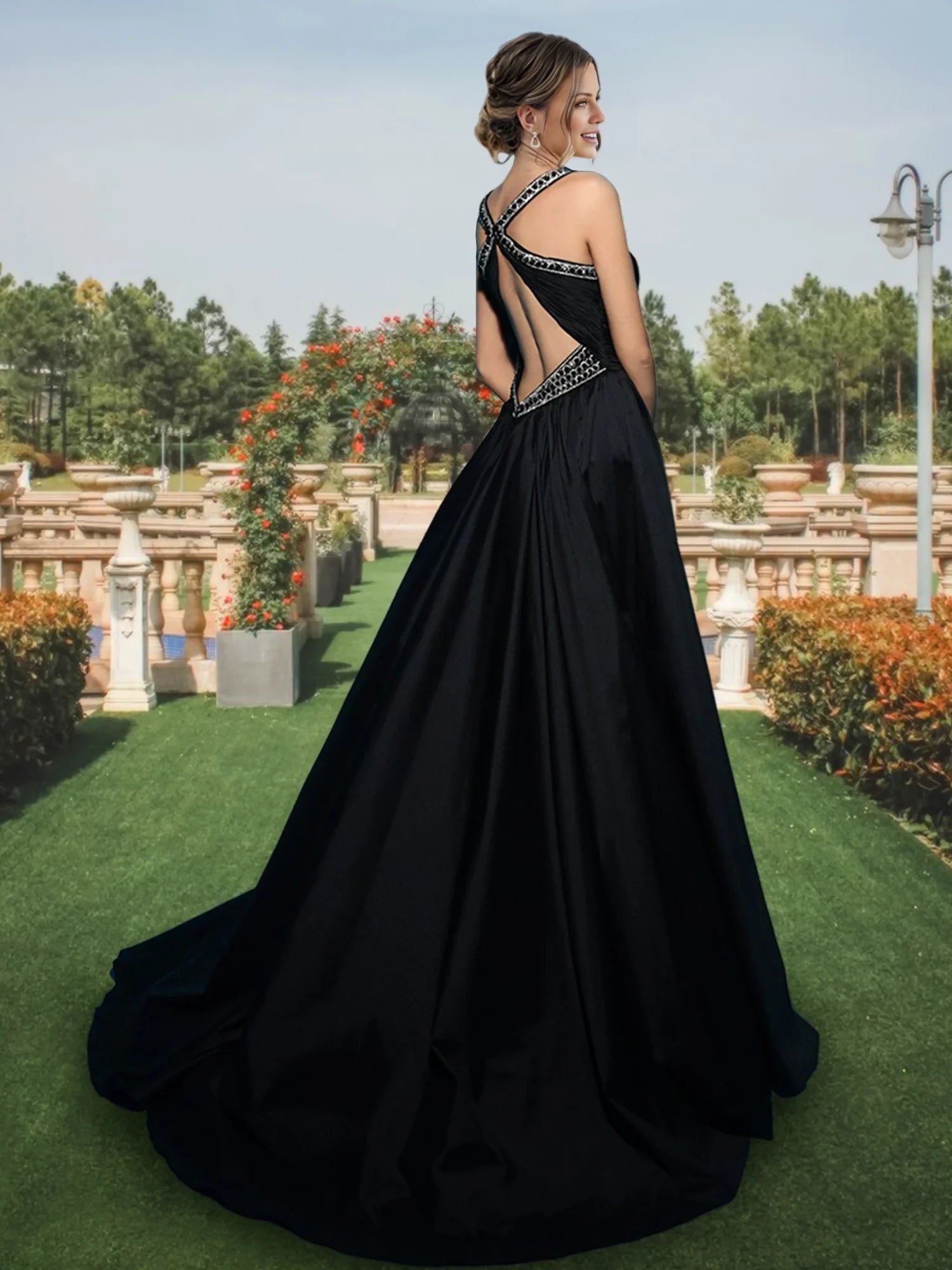 Glamorous A - Line V - Neck Sleeveless Open Back Long Length Prom Dresses
