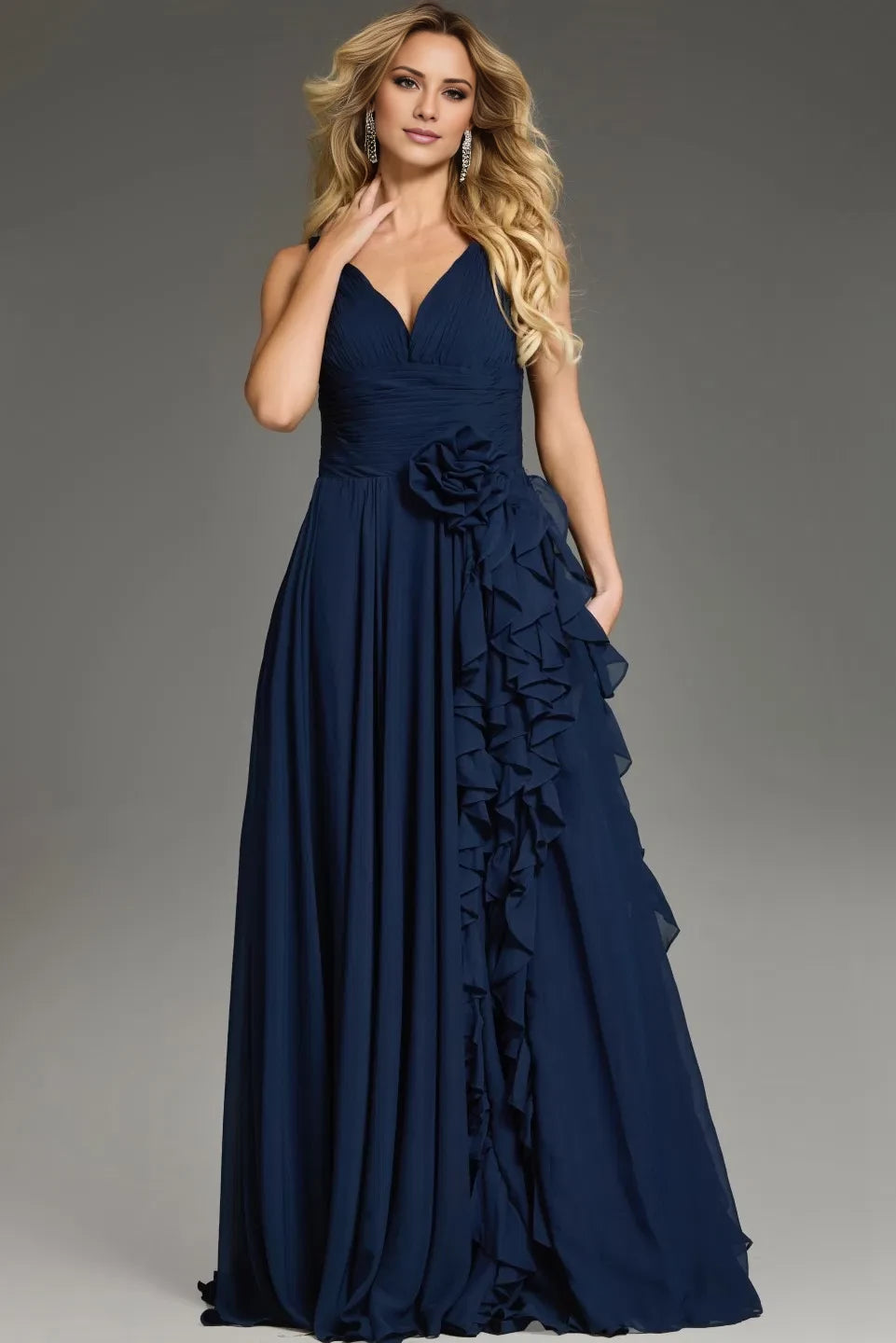Glamorous A-Line V-Neck Sleeveless Ruffle-Accent Open-Back Long Length Evening Dresses