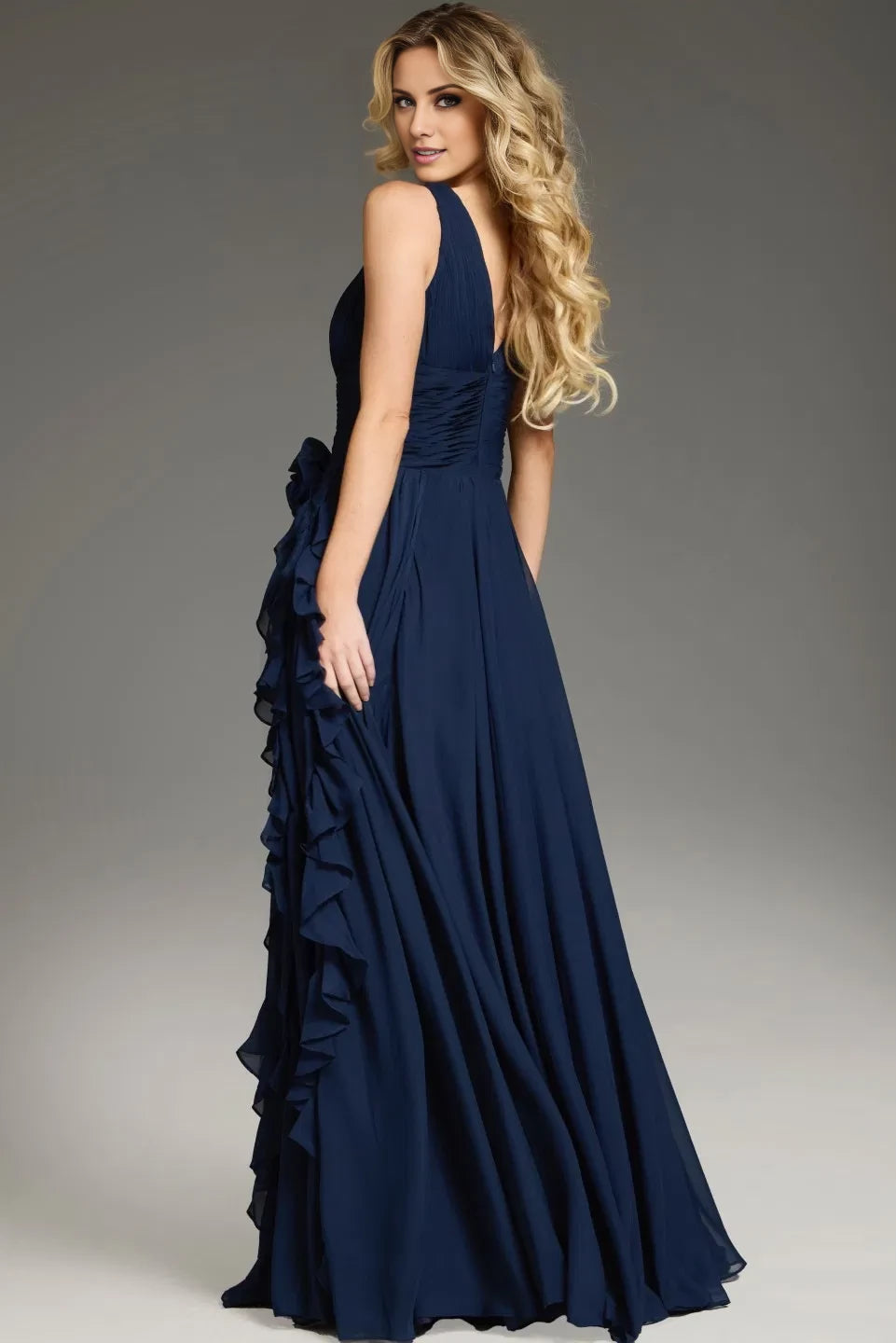 Glamorous A-Line V-Neck Sleeveless Ruffle-Accent Open-Back Long Length Evening Dresses