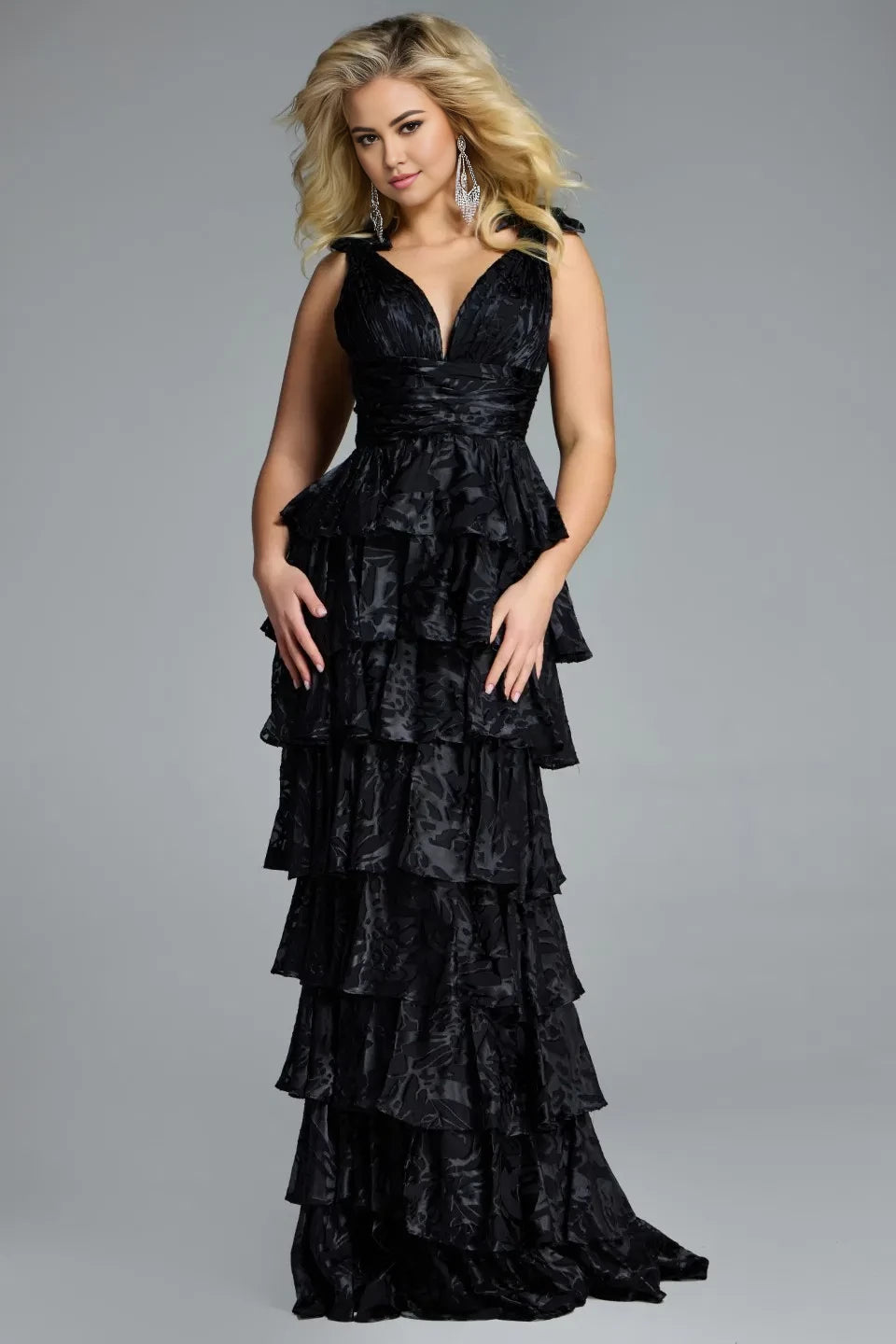 Glamorous A-Line V-Neck Sleeveless Tiered-Ruffle Long Length Evening Dresses