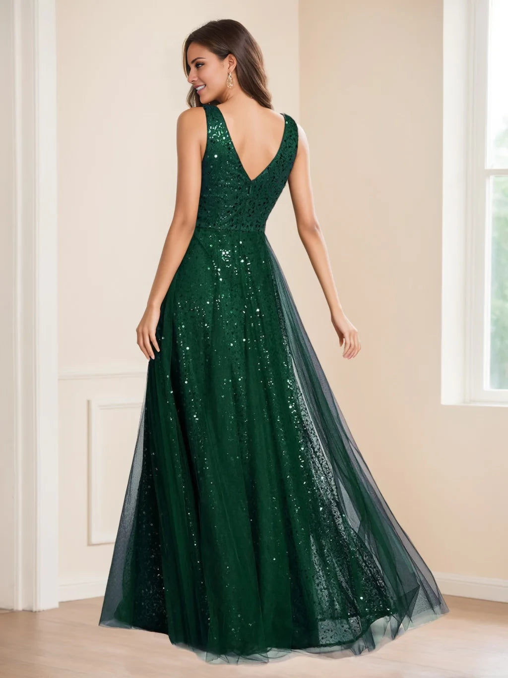 Glamorous A - Line V - Neck Sleeveless Zipper Back Long Length Prom Dresses