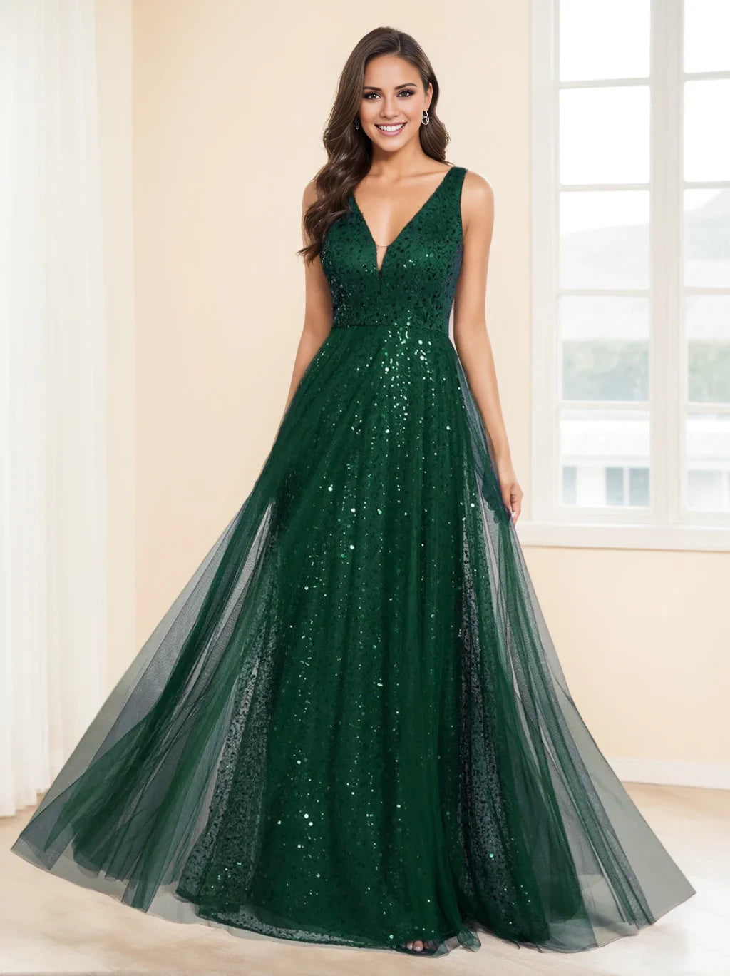 Glamorous A - Line V - Neck Sleeveless Zipper Back Long Length Prom Dresses