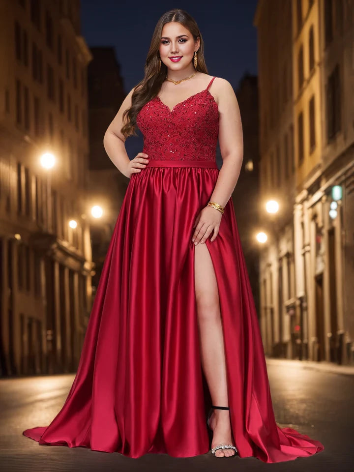 Plus Size Glamorous A - Line V - Neck Sleeveless Zipper Back Long Length Prom Dresses